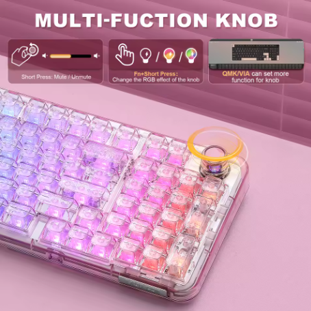 YUNZII X98 Pink QMK/VIA Wireless Transparent RGB Keyboard, Hot-Swap Gasket Mechanical Gaming Keyboard, Pre-lubed Knob Keyboard