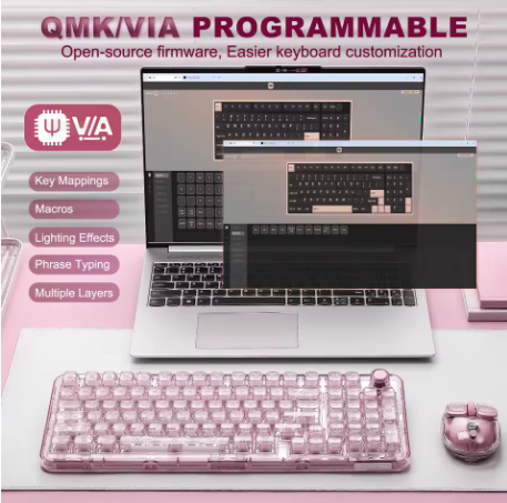 YUNZII X98 Pink QMK/VIA Wireless Transparent RGB Keyboard, Hot-Swap Gasket Mechanical Gaming Keyboard, Pre-lubed Knob Keyboard
